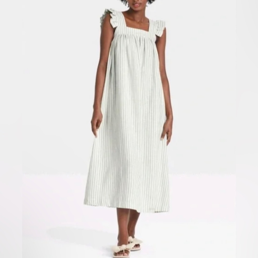 A new day Target Striped Jumper Pinafore Maxi Dress Linen Blend White Green Sz M